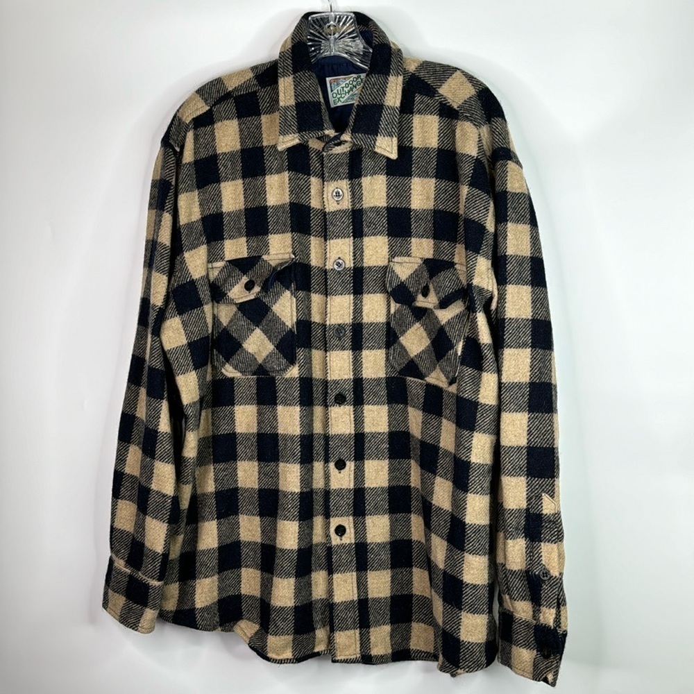 Vintage Outdoor Exchange Wool Navy Blue Tan Long Sleeve Button Up Shirt Size XL